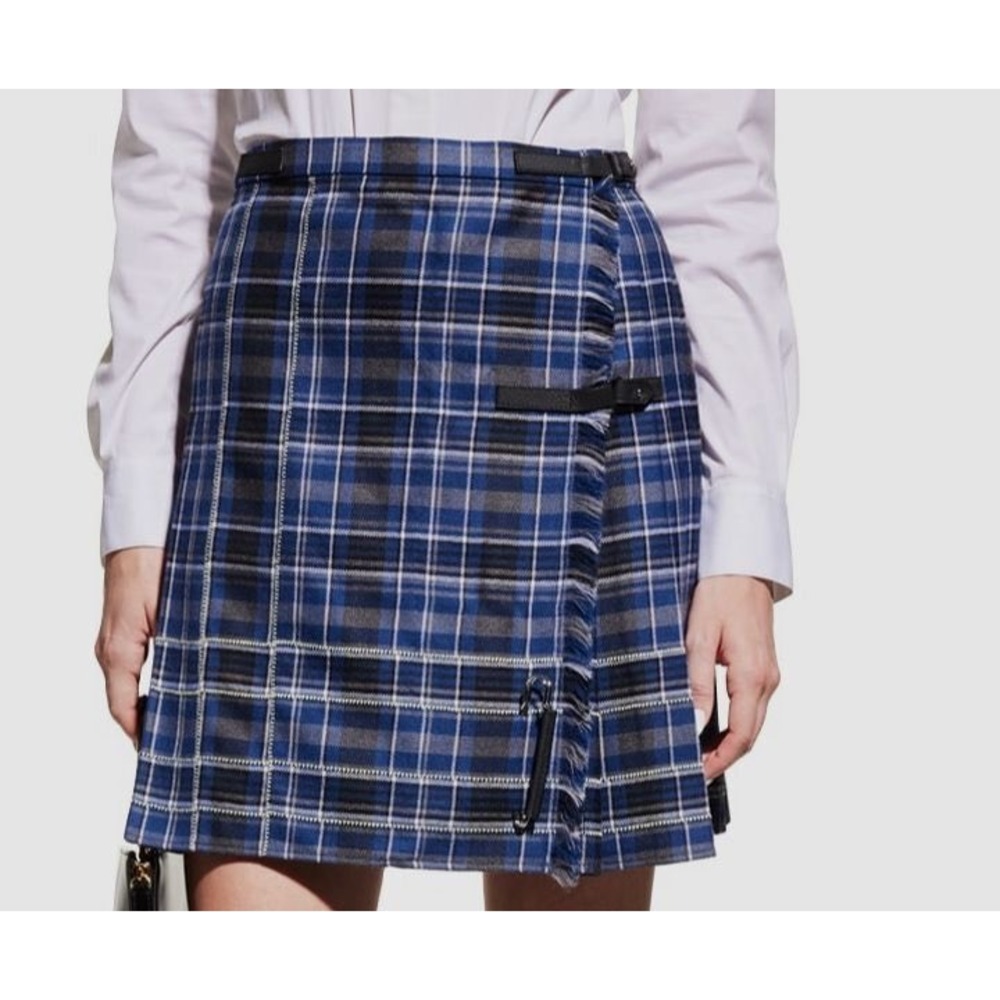 Lafayette 148 New York Blue Plaid Pleated Mini Skirt Buckle Safety Pin Kilt
